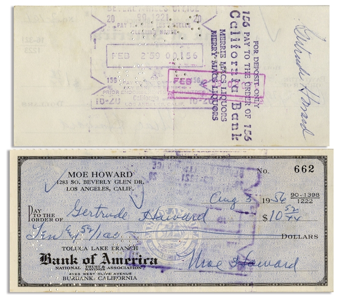 Moe Howard Lot of Two Checks Signed, Both Made Out to Shemp's Wife Gertrude Howard -- Dated 3 August 1956 and 29 January 1959 -- Very Good Condition
